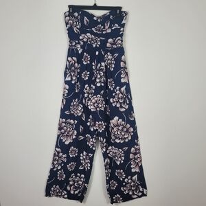 B.O.G. Collective Strapless Floral Jumpsuit M Navy Pink Boho Wide Leg Pockets